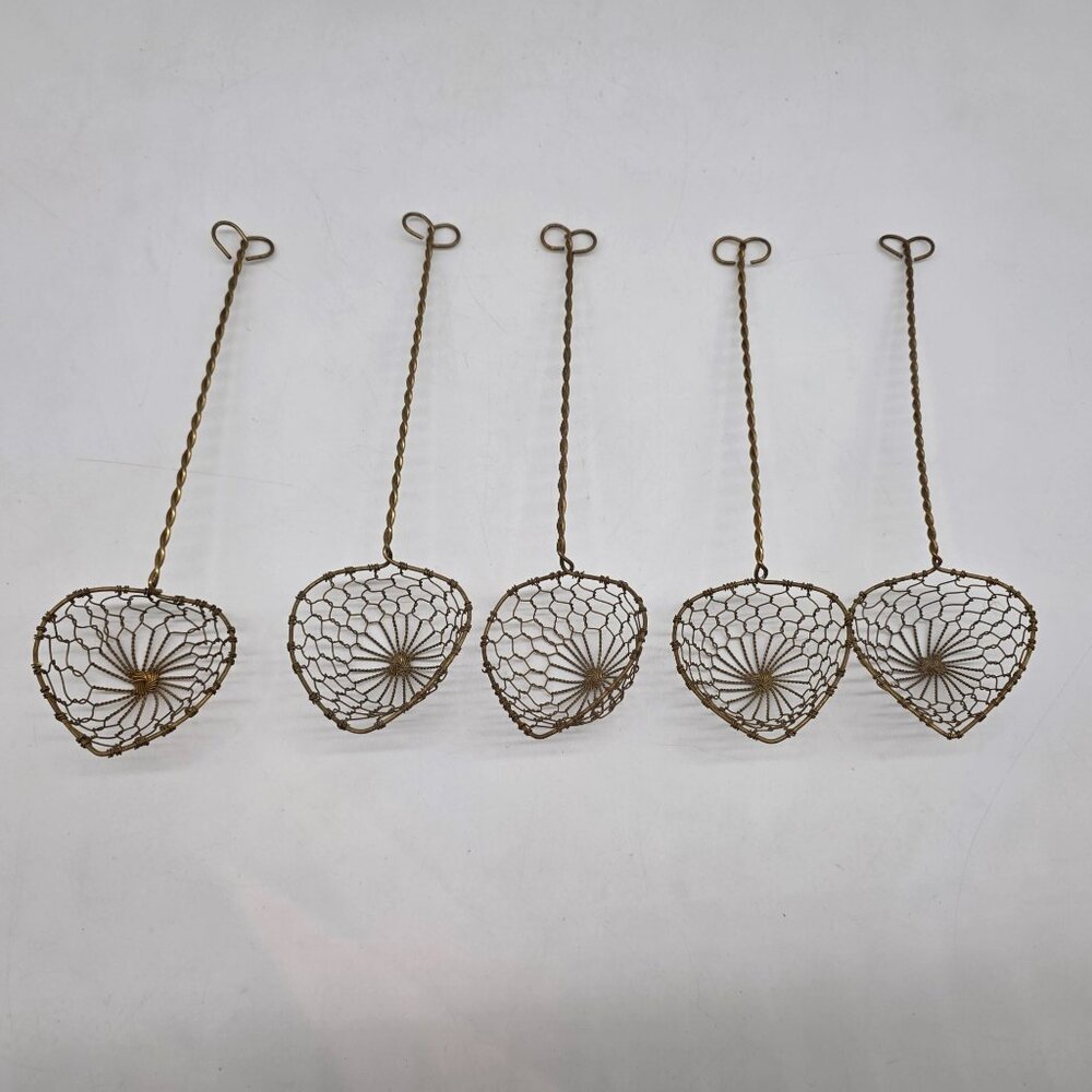 Set Of 5 Vintage Brass Wire Heart Shaped Colander Spoons Strainers 9" - Picture 2 of 8